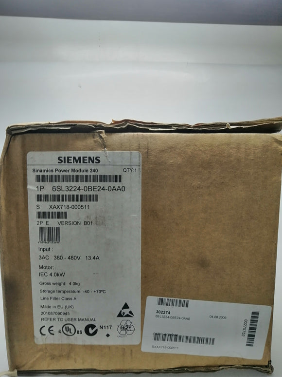 New No Box | SIEMENS | 6SL3224-0BE24-0AA0 | SINAMICS POWER MODULE 240 IEC 4KW